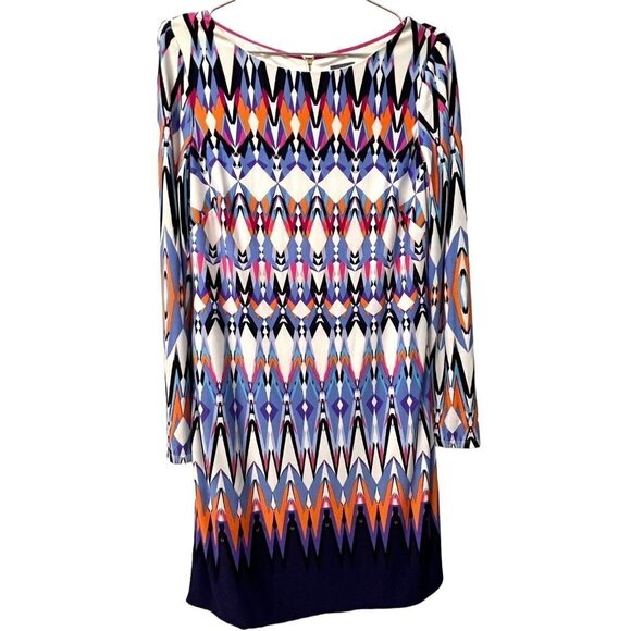 Vince‎ Camuto Shift Dress Size 8 Colorful Geometric Stretch Jersey Long Sleeve - Picture 1 of 16